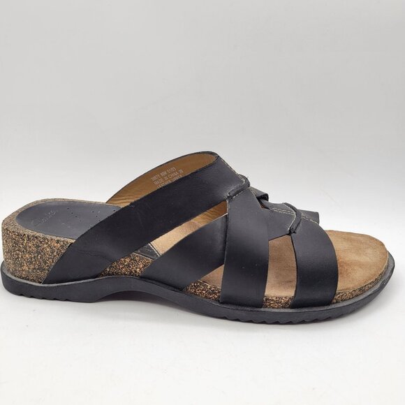 Clarks Black Slide Slip On Strappy Leather Comfort Sandals Arch Support Sz 8.5 - Picture 2 of 9